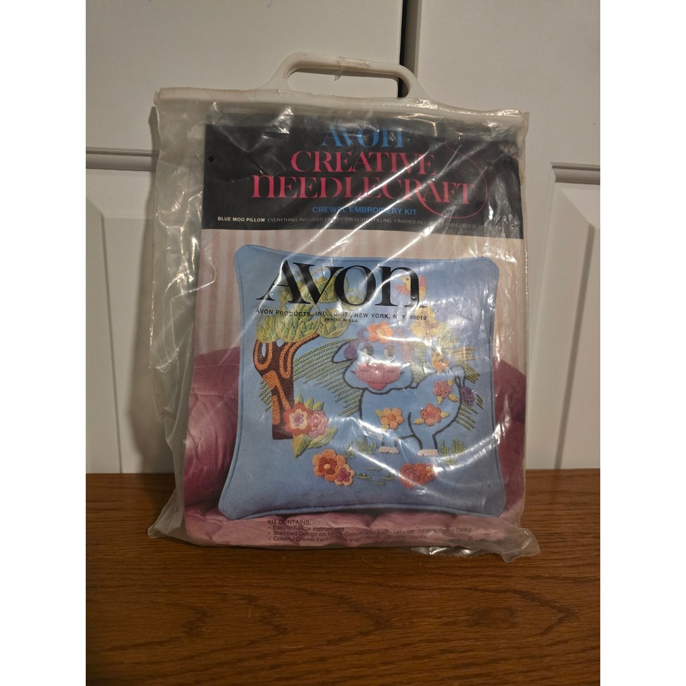 Vintage Avon Creative Needlecraft Blue Moo Pillow Crewel Embroidery Kit 1970s